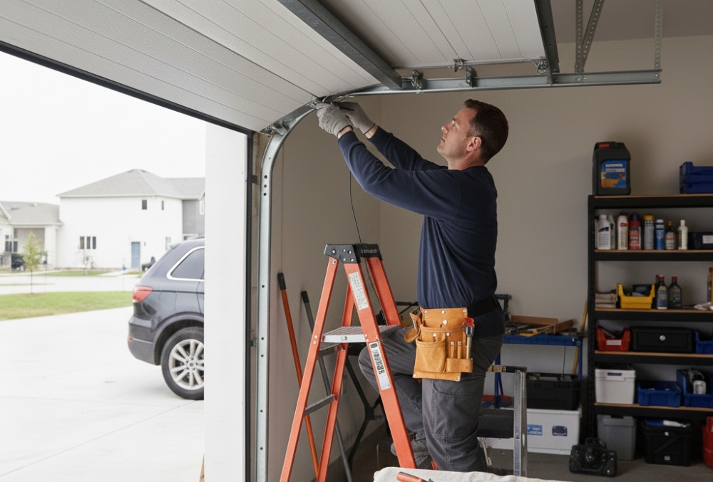 Technician adjusting a garage door cable and drum.
