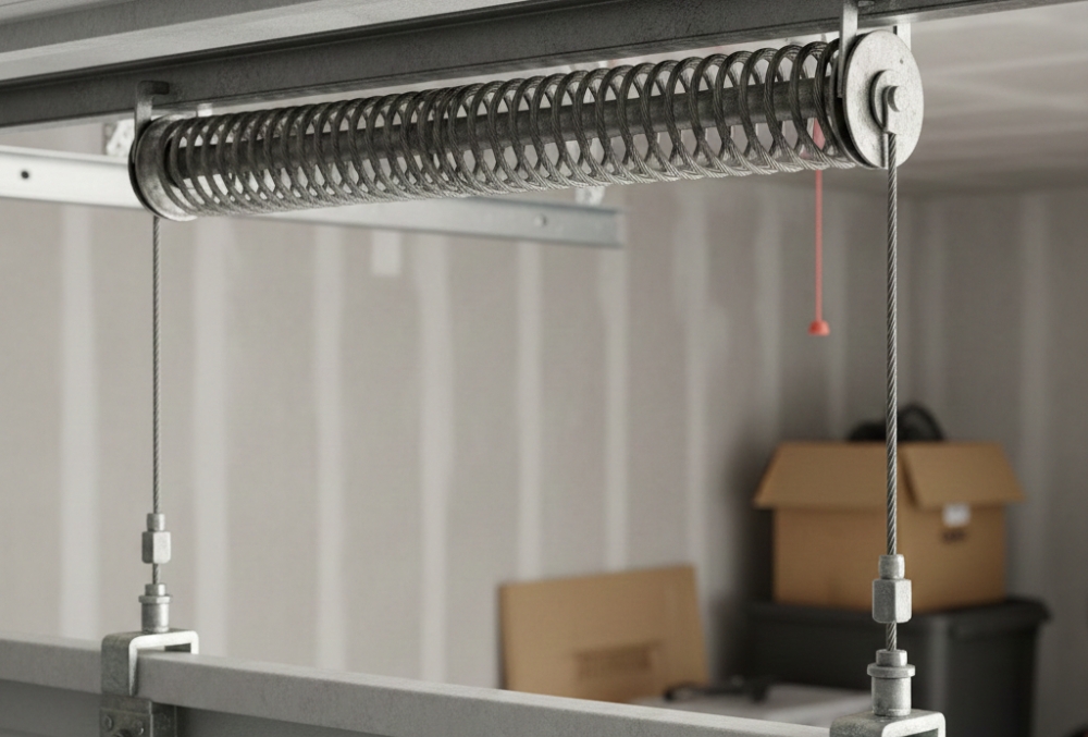 Close-up of garage door torsion spring and cable system.
