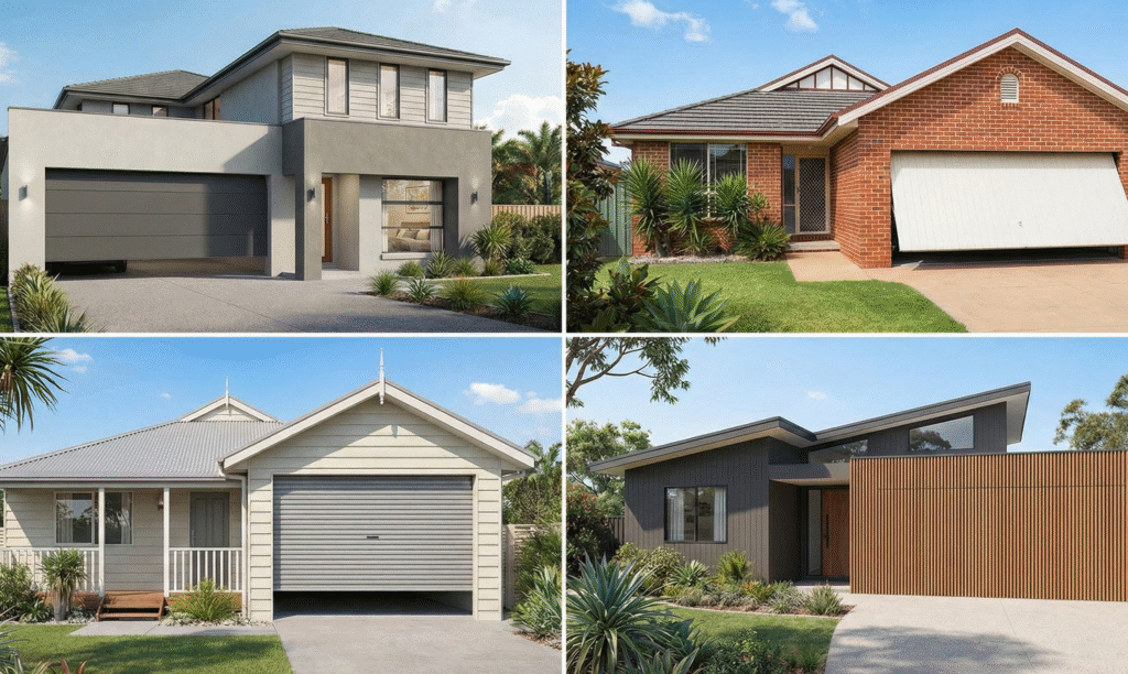 Four homes showing different garage door styles matched to each exterior design.