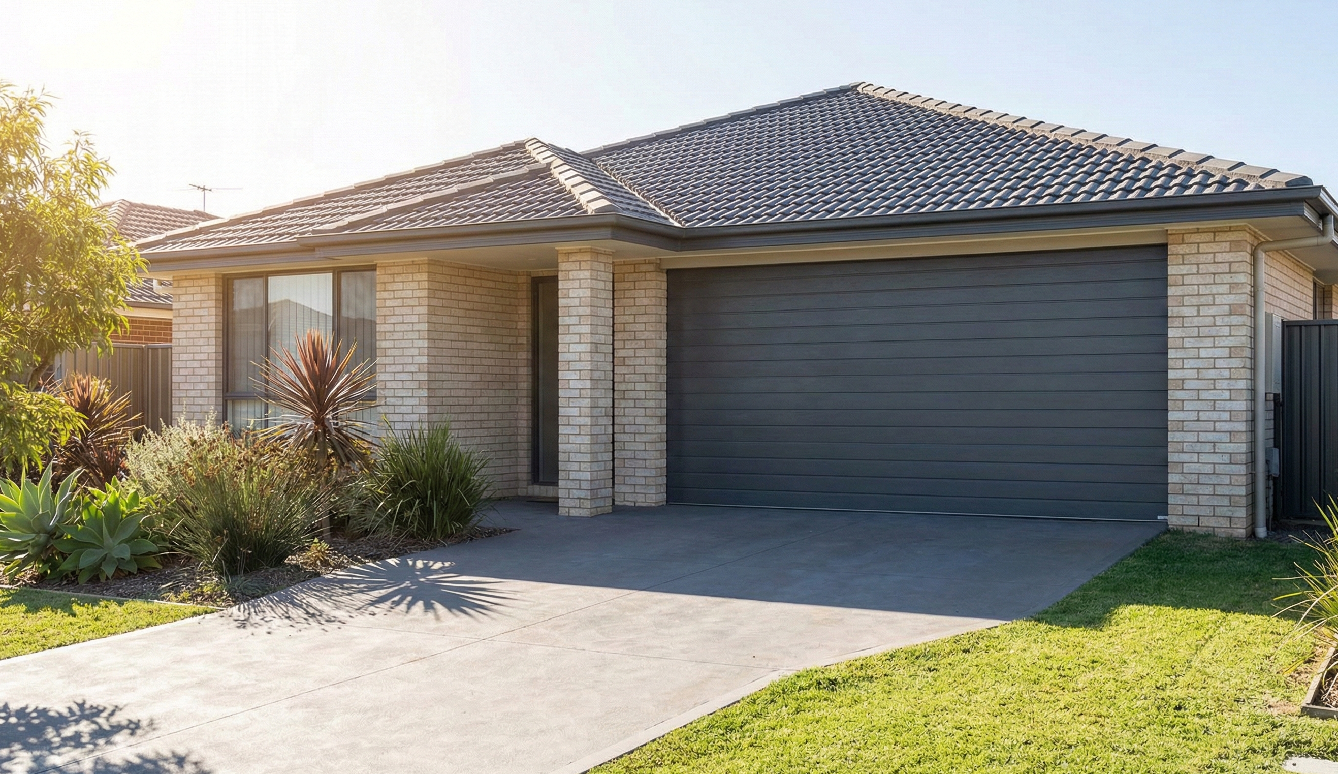Sectional door on a modern brick home with aligned roof colour