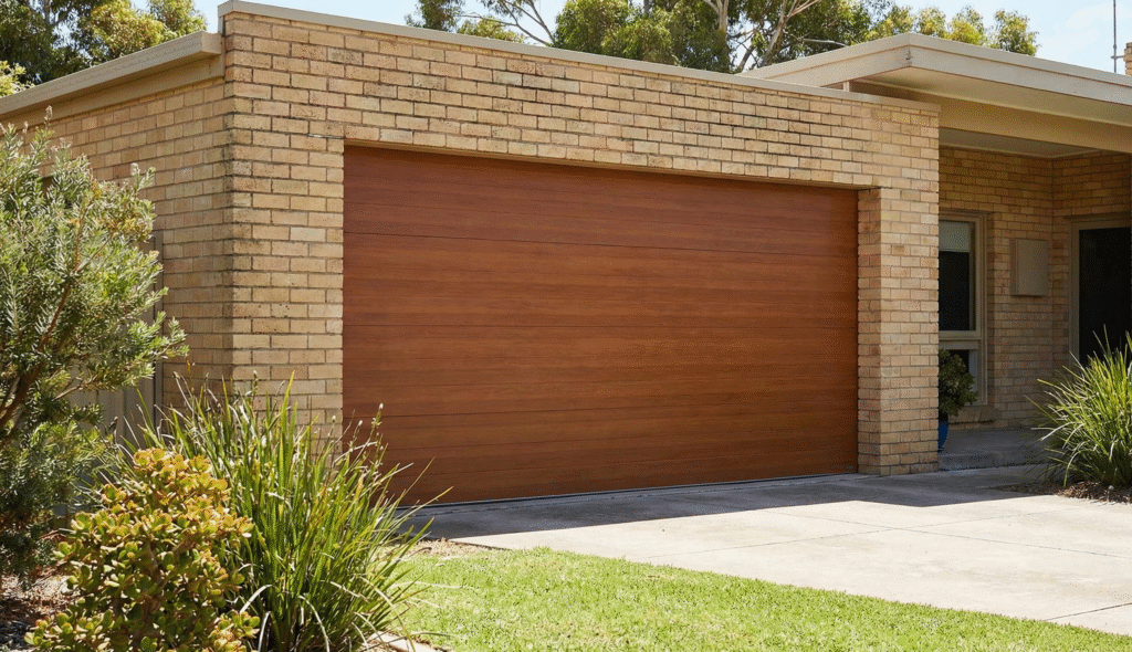 Timber-look tilt garage door on a single-storey brick home with a concrete driveway and surrounding garden shrubs.