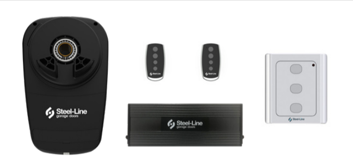 Steel-Line garage door opener and remote controls.