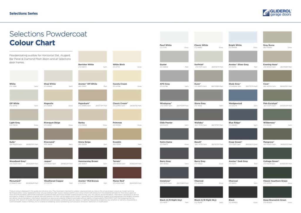 Gliderol Selections Series powdercoat colour chart for garage doors