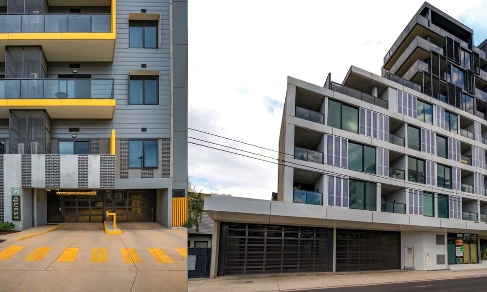 Modern apartment buildings with balconies and parking entrance