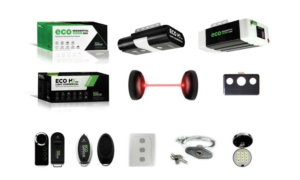 Selection of Eco Garage Doors openers and accessories including motors, sensors, remotes, control panels and security locks.