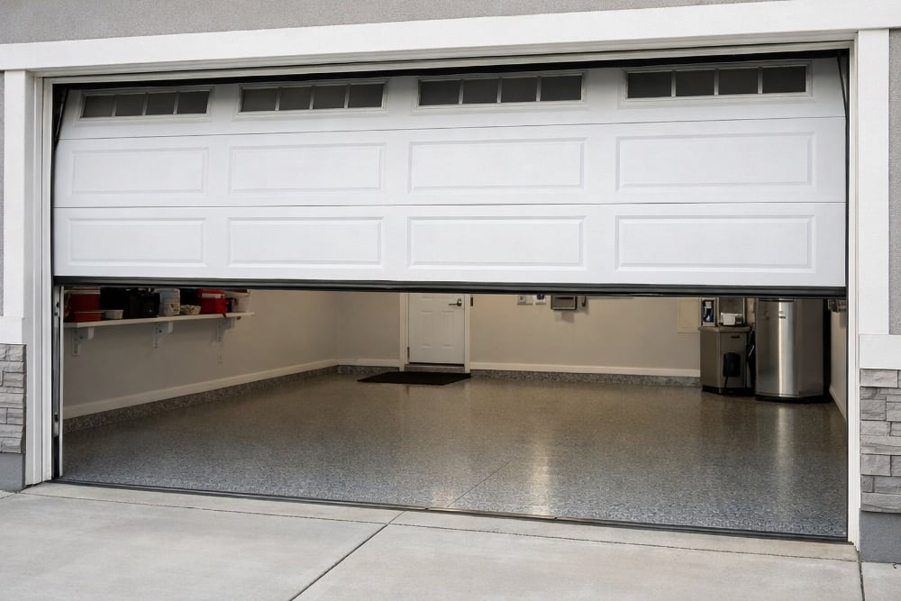 Partially open garage revealing clean epoxy floor interior