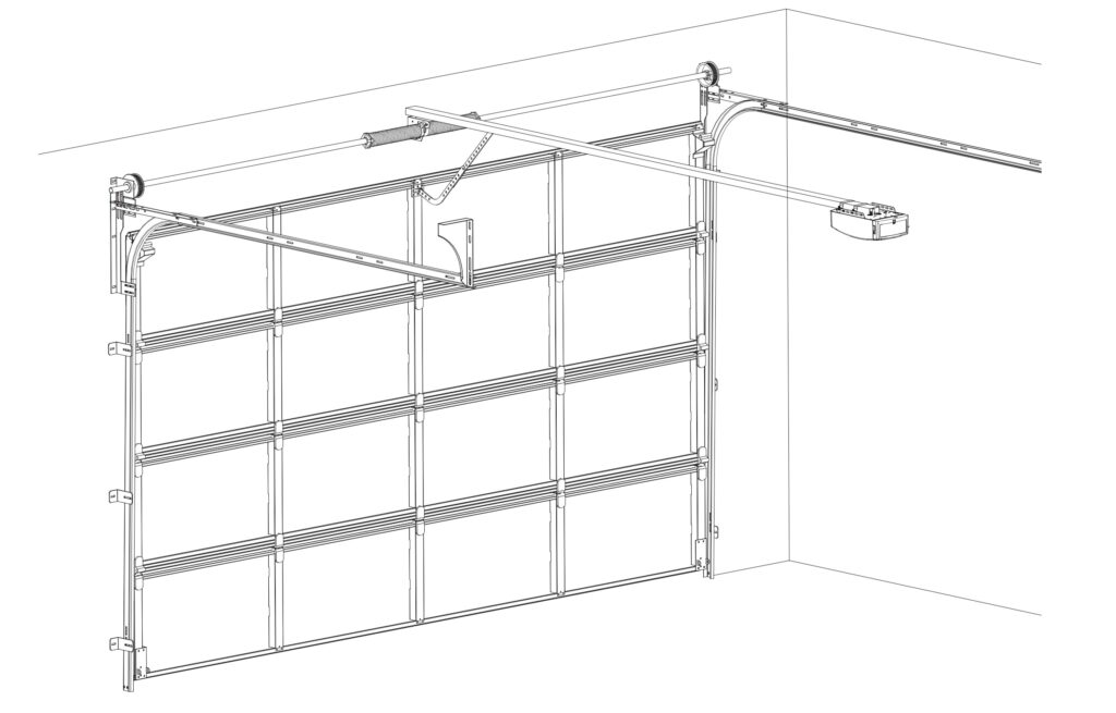 Sectional garage door with tracks and opener system
