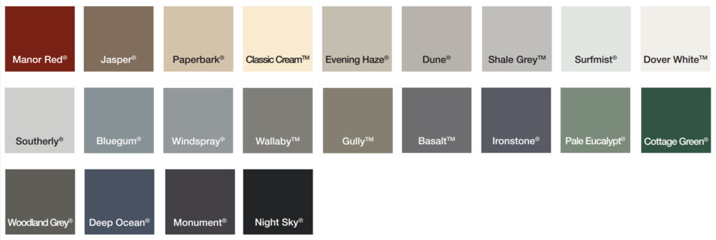 Colorbond Classic colour range for sectional garage doors