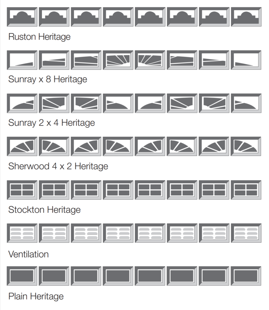 Heritage profile sectional garage door window insert options