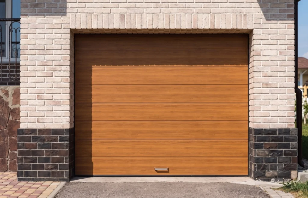 Modern wooden garage door on brick house exterior